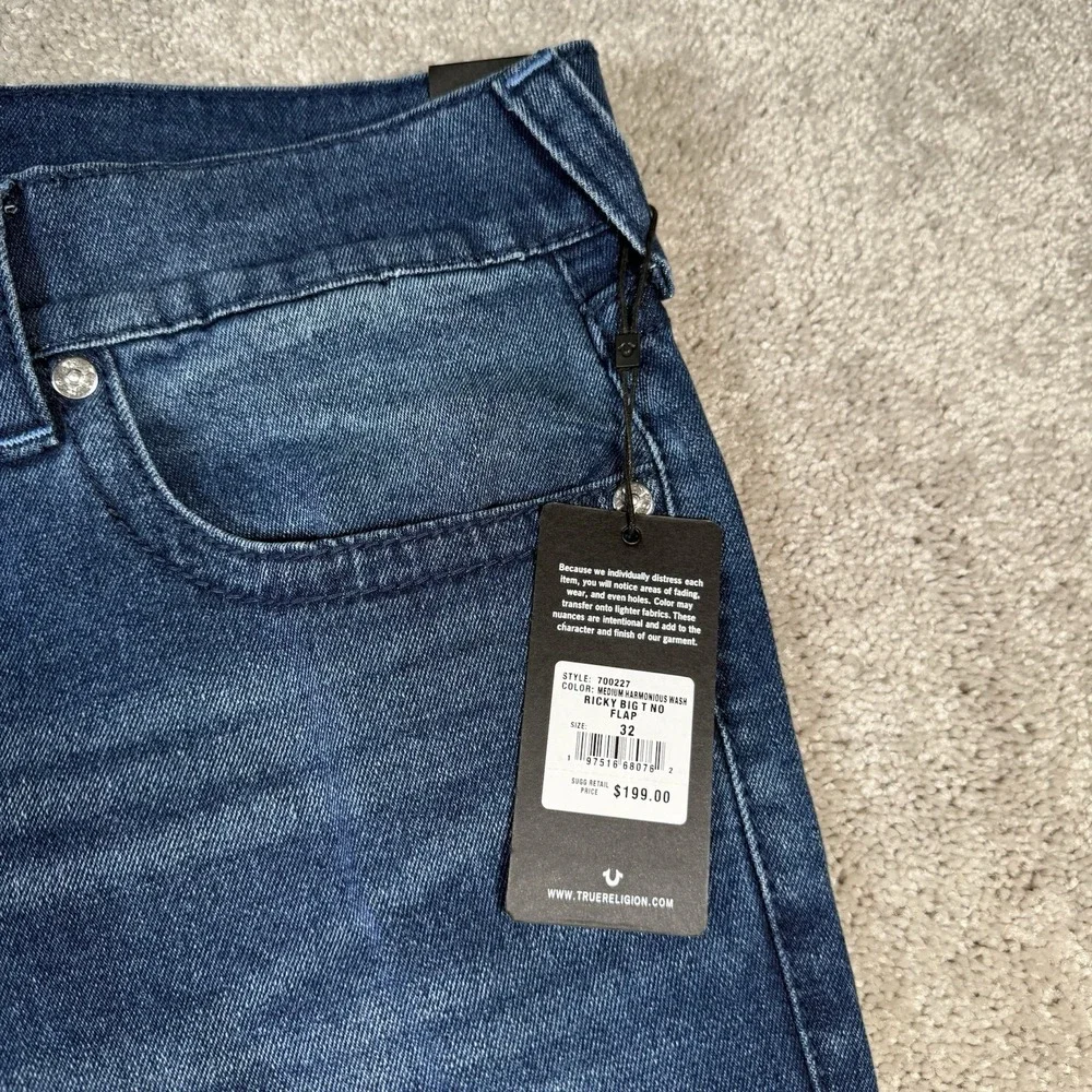 NWT True Religion‎ Men's 32x34 Medium Wash Ricky Relaxed Straight Fit Jeans $199